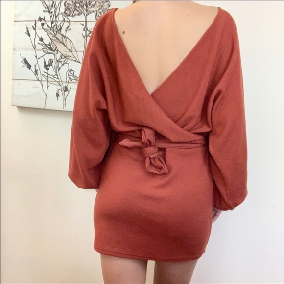 Open Back Tie Long Sleeve Mini Dress Sweater - Picture 7 of 8